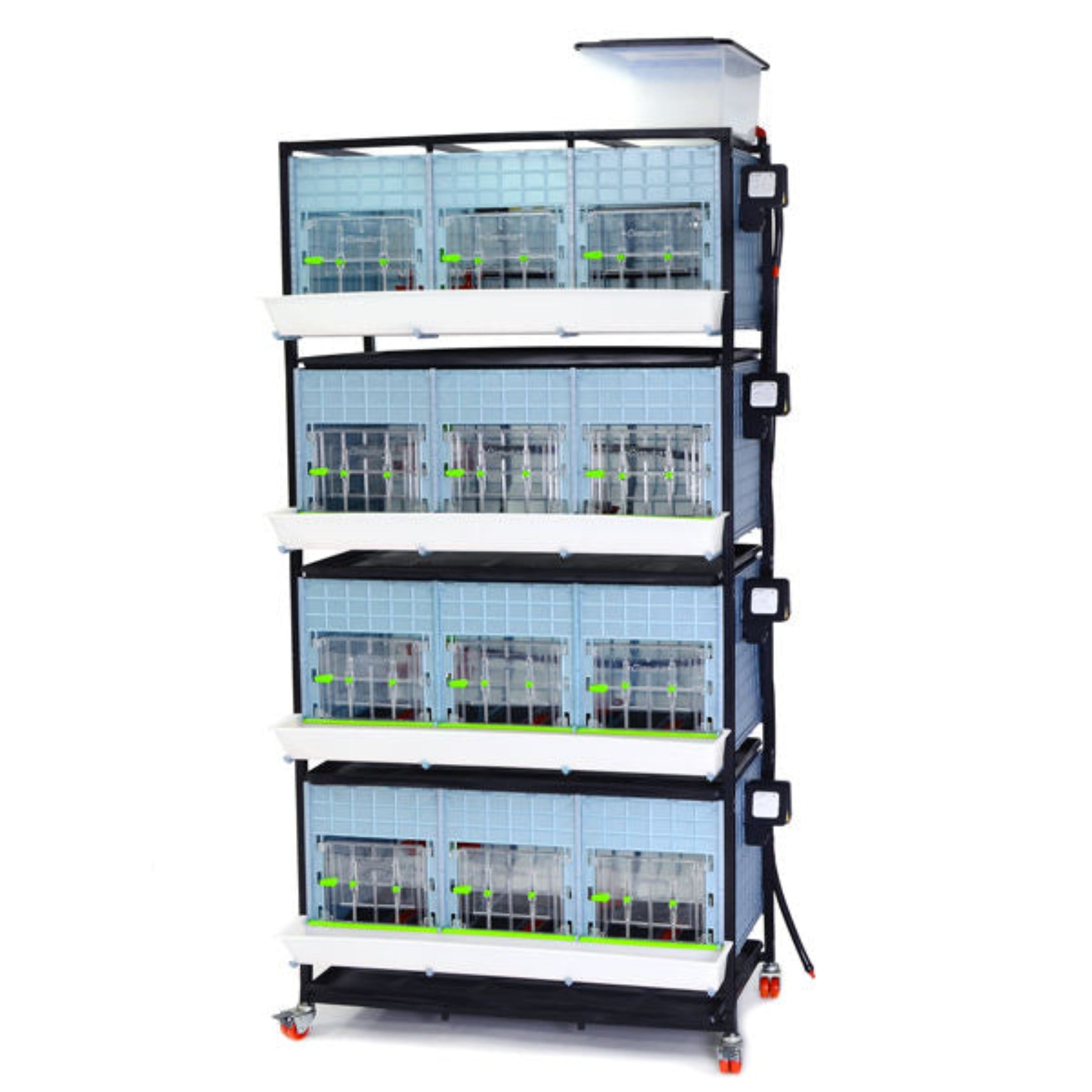 Hatching Time Cimuka 3 Layer 15 Inch Brooder front visible. Feeding trough is located on front of brooders. Clear plastic doors with locks can be seen. Heater thermostat visible on side of brooders. Brooders are on Metal frame with rolling casters for mobility.