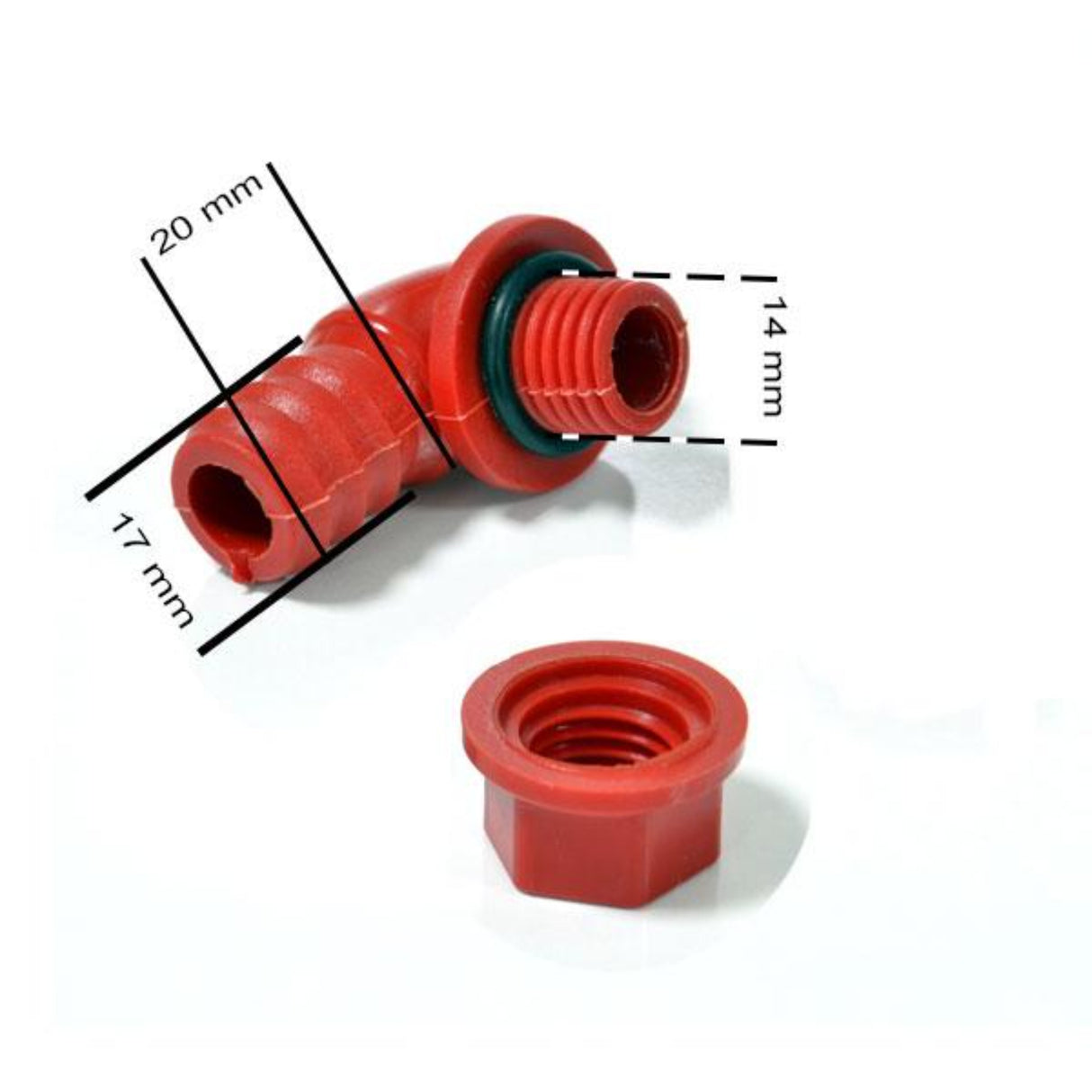 Hatching Time Cimuka. Size for Filter and Cap. Dimensions show 20mm hose end length, 14mm thread size, 17 mm hose width.