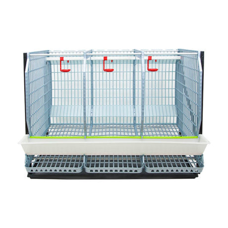 Hatching Time Cimuka. TYK60 22” Chicken cage 3 layer. Image shows chicken cage from front. Roof and front walls are removed to show inside of cage. Roll out egg trays can be seen on front under feeding trough. Automatic drinker system is seen on back wall of cage.