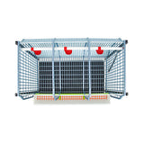 Hatching Time Cimuka. TYK60 22” Chicken cage 3 layer. Image shows chicken cage from above. Roof and front walls are removed to show inside of cage. Feeding trough can be seen on front of cage. Automatic drinker system is seen on back wall of cage. Grid flooring can be seen on bottom of cage.