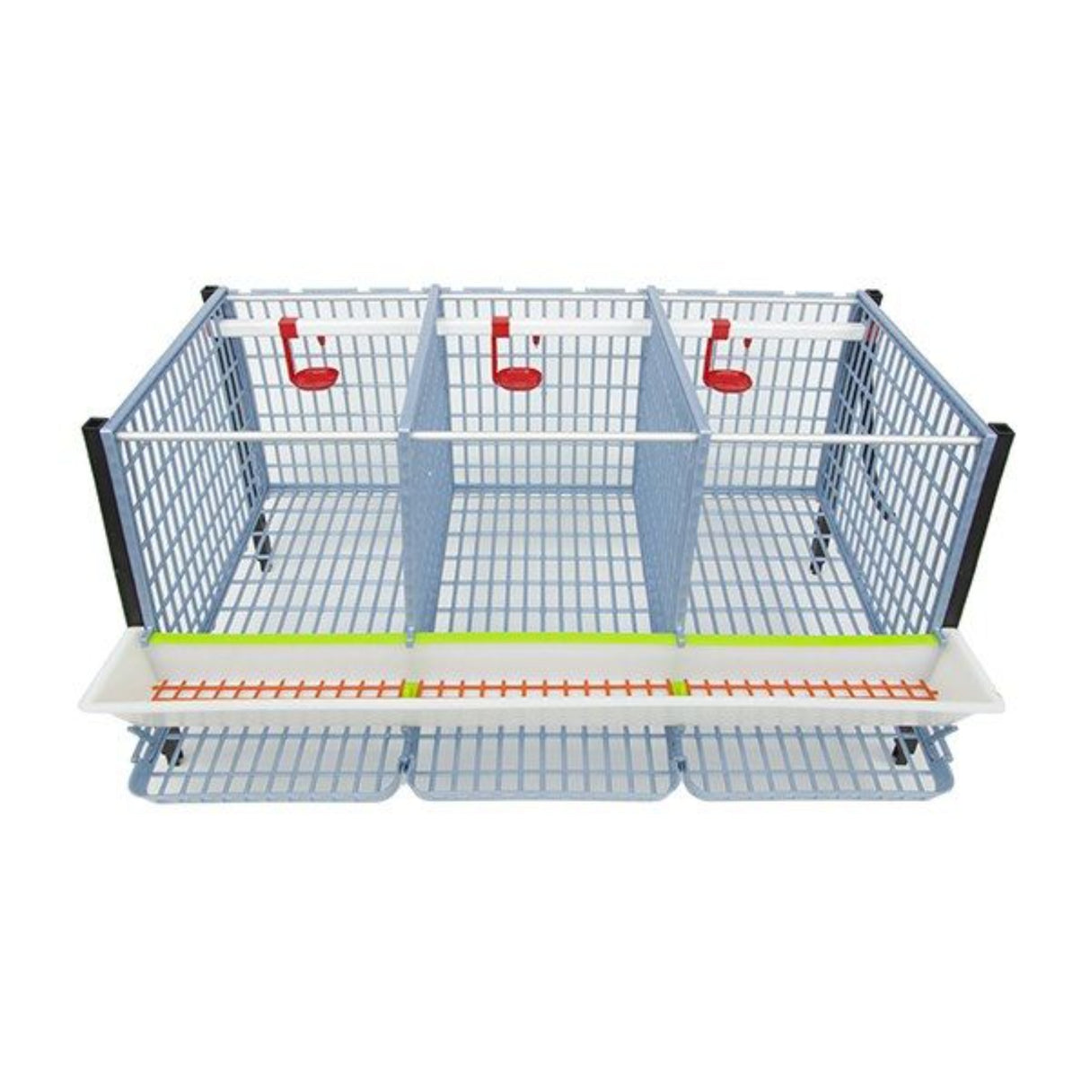 Hatching Time Cimuka. TYK40 15” Chicken cage 2 layer. Image shows chicken cage from front and above. Roof and front walls are removed to show inside of cage. Roll out egg trays can be seen on front under feeding trough. Automatic drinker system is seen on back wall of cage.