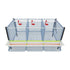 Hatching Time Cimuka. TYK40 15” Chicken cage 2 layer. Image shows chicken cage from front and above. Roof and front walls are removed to show inside of cage. Roll out egg trays can be seen on front under feeding trough. Automatic drinker system is seen on back wall of cage.