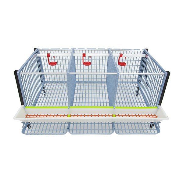 Hatching Time Cimuka. TYK40 15” Chicken cage 3 layer. Image shows chicken cage from front and above. Roof and front walls are removed to show inside of cage. Roll out egg trays can be seen on front under feeding trough. Automatic drinker system is seen on back wall of cage.